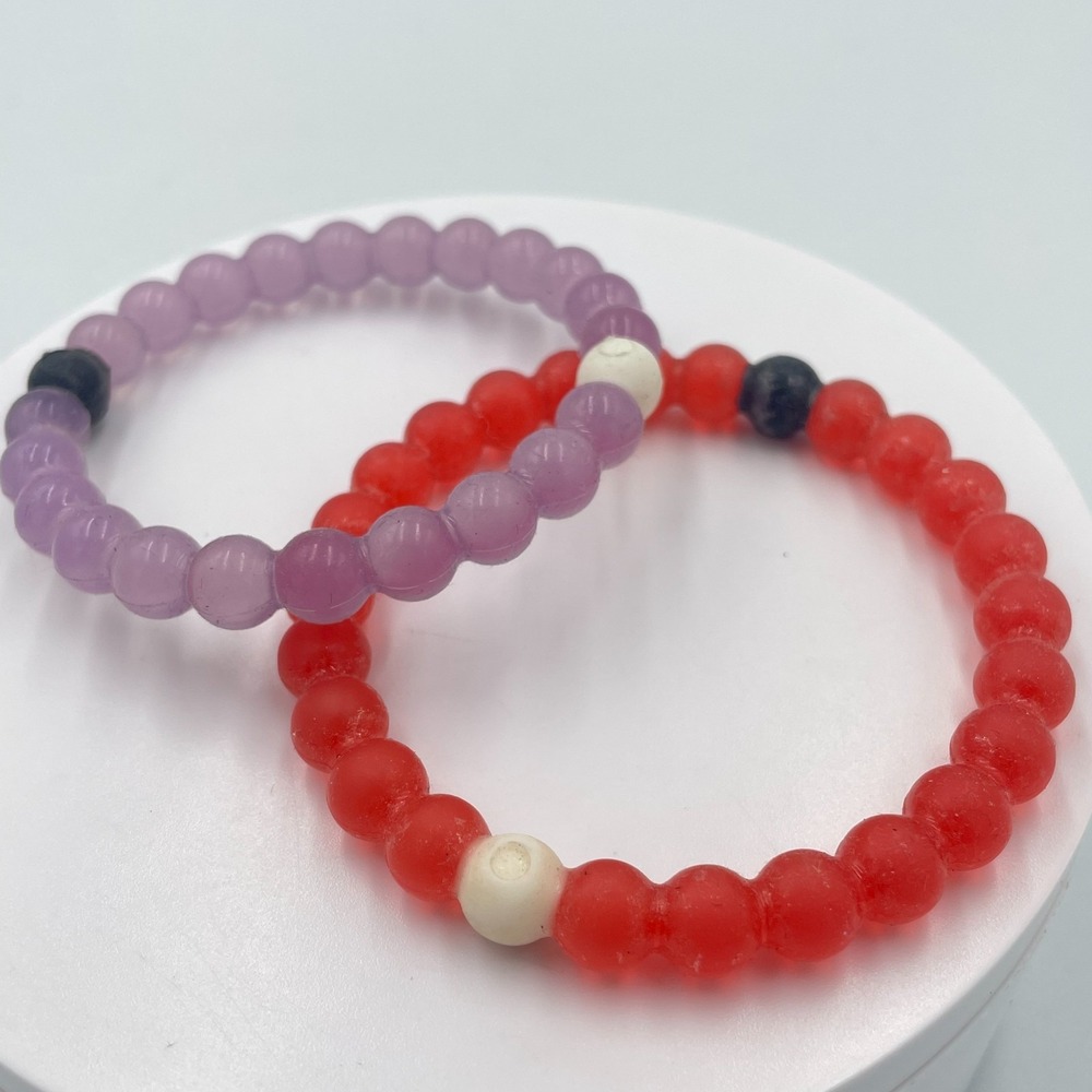 VTG Lokai Inspired Silicone Bead Balance Bracelet Set Red & Purple Stretch 2Pc